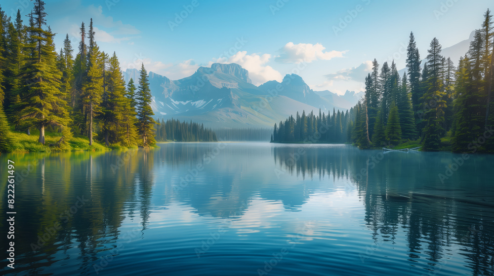 Fototapeta premium Serene landscape photo: sunset, blooming flower, tranquil forest. Invites viewers to appreciate natural wonders, fostering awe and gratitude.