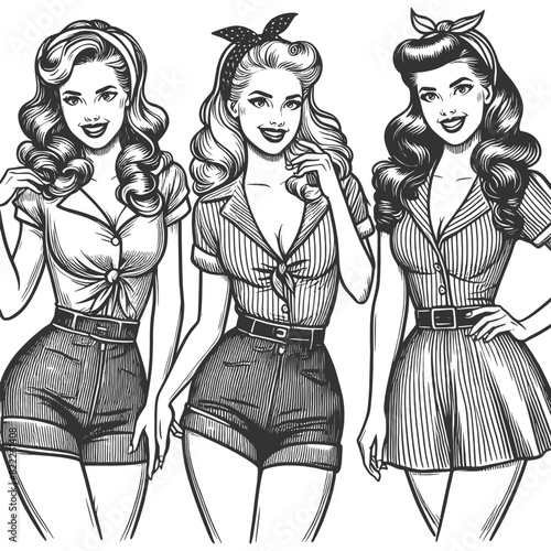 three smiling pin-up girls in retro outfits, standing side by side, showcasing 1950s fashion and camaraderie sketch engraving generative ai vector illustration. Black and white image.