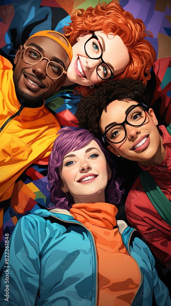 Diverse group of friends flat design top view rainbow attire pop art cartoon drawing high contrast Diverse group of friends flat design top view rainbow attire pop art cartoon drawing high contrast