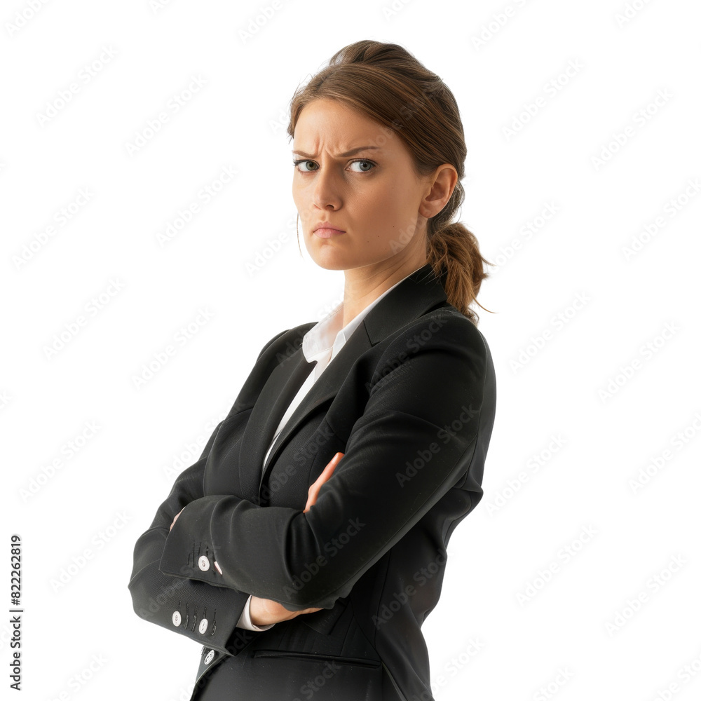 A woman in a business suit is crossing her arms and looking away from the camera, isolated on transparent background A woman in a business suit is crossing her arms and looking away from the camera, isolated on transparent background