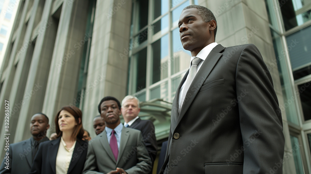 Worried Entrepreneur Standing Outside Courtroom as Lawyers Discuss Patent Infringement Case and Illegally Copied Product Worried Entrepreneur Standing Outside Courtroom as Lawyers Discuss Patent Infringement Case and Illegally Copied Product
