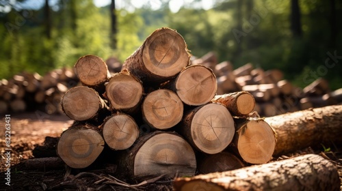 Piles of cut wood in a forest landscape selective focus  environmental impact  dynamic  Multilayer  Jungle