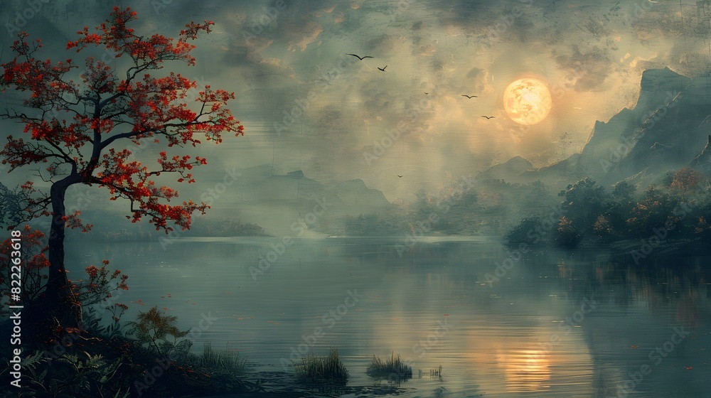 Obraz premium Captivating Autumn Sunset Landscape with Serene River Reflections and Vibrant Foliage