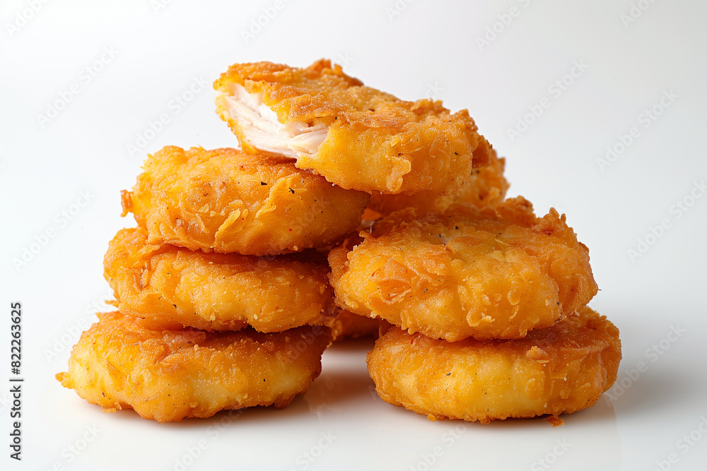 Crispy chicken nuggets, perfect for dipping and snacking, on a white background. Crispy chicken nuggets, perfect for dipping and snacking, on a white background.