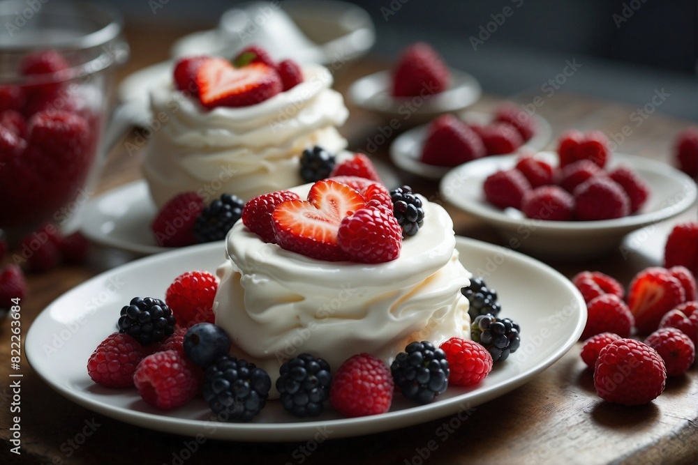 Pair of Desserts on the Table, Heart, Berries, Whipped Cream Pair of Desserts on the Table, Heart, Berries, Whipped Cream