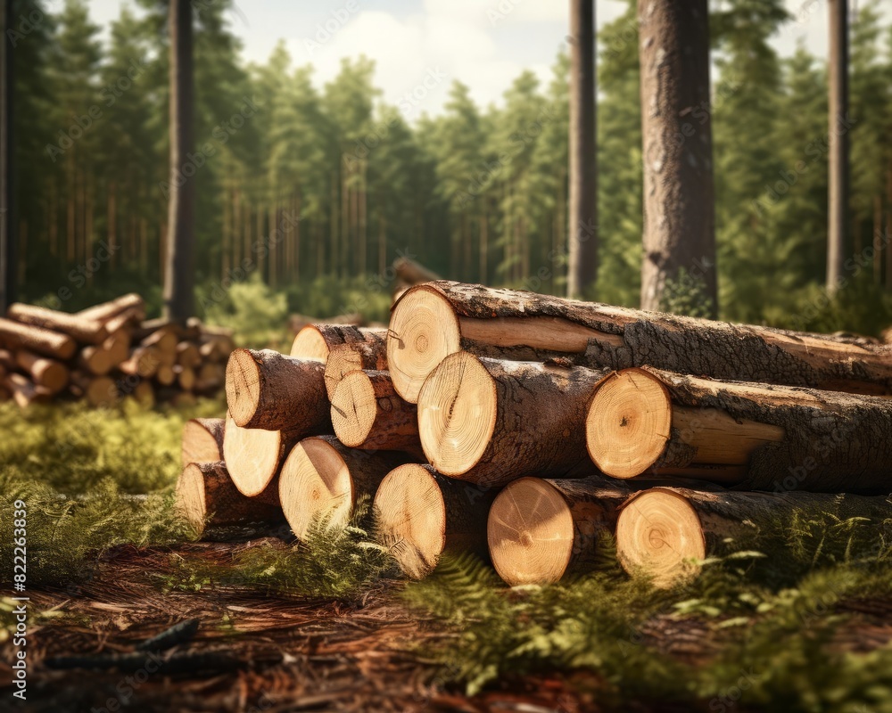 Timber logs arranged in a clearing surrounded by trees focus on, logging industry, vibrant, Overlay, Woodland Timber logs arranged in a clearing surrounded by trees focus on, logging industry, vibrant, Overlay, Woodland