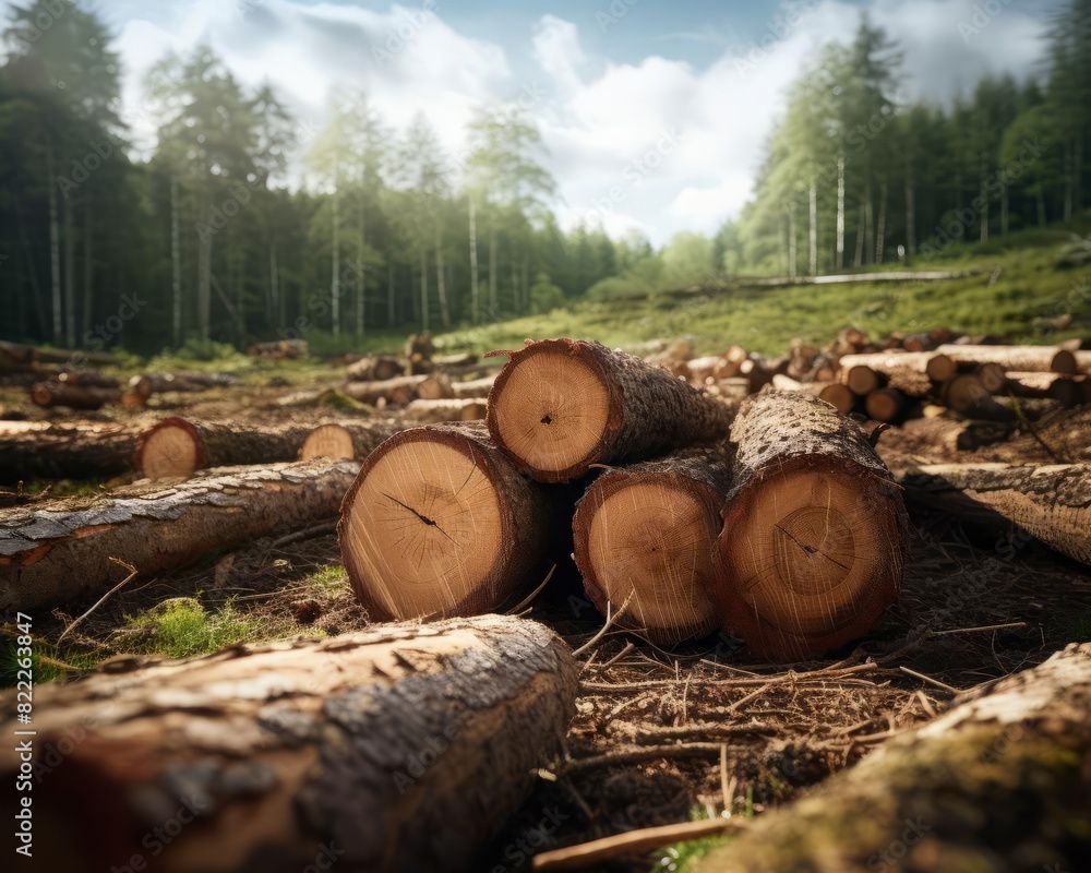 Timber logs arranged in a clearing surrounded by trees focus on, logging industry, vibrant, Overlay, Woodland Timber logs arranged in a clearing surrounded by trees focus on, logging industry, vibrant, Overlay, Woodland
