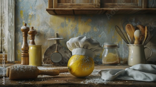 Whimsical lemon chef in a vintage kitchen for baking and food themed designs