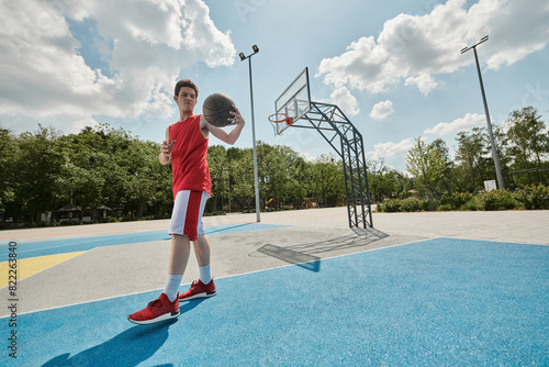 A young man confidently holds a basketball while standing on a vibrant court on a sunny day. © LIGHTFIELD STUDIOS
