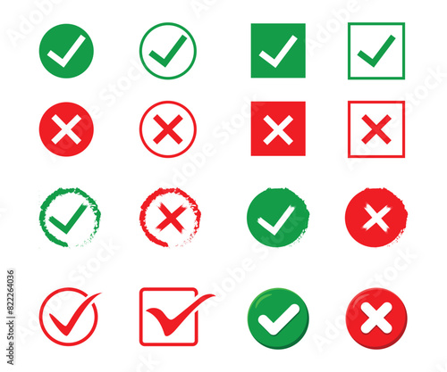 Green check mark and red cross icon set, Yes-No, Approved-Disapproved, Correct-False, Accepted-Rejected, Ok-Not Ok, Right-Wrong, Green-Red