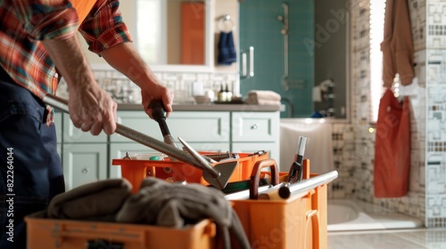 A plumber works on a home renovation project, using a tool to repair a pipe. photo