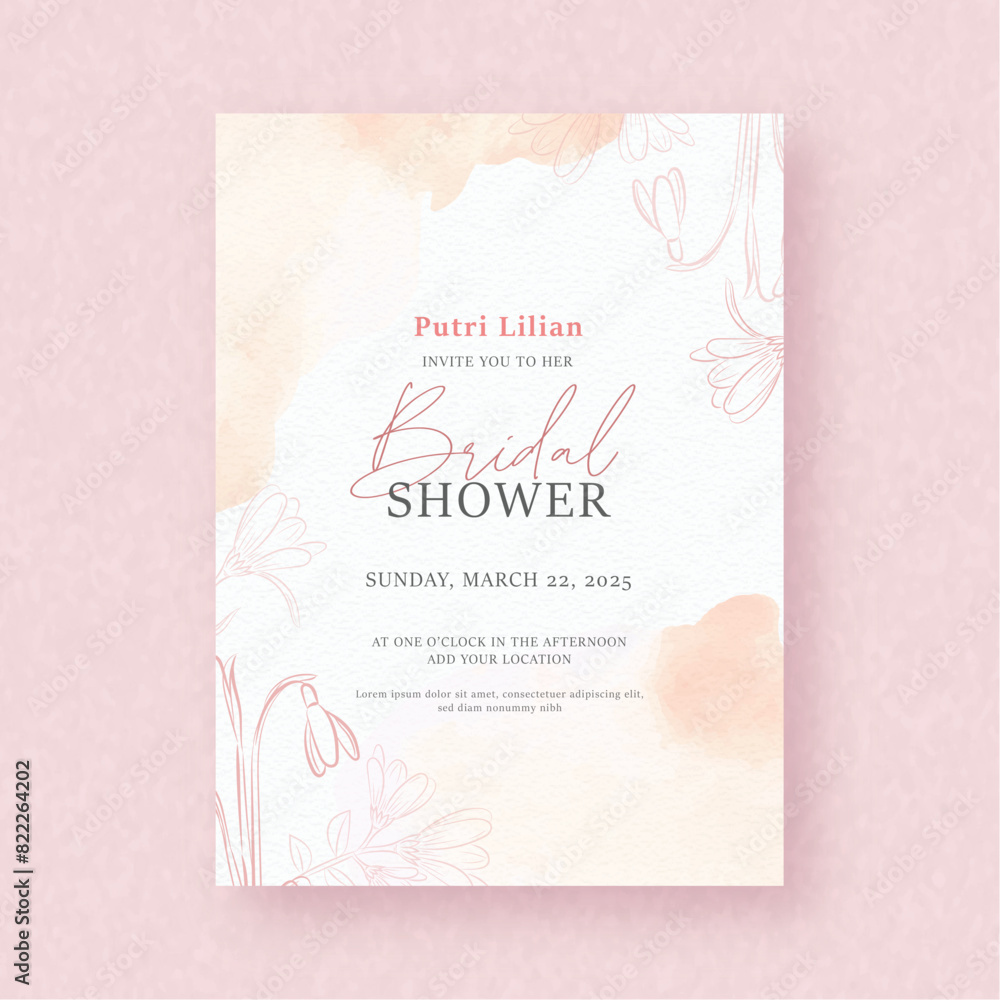 outline of bud florals with watercolor splash on bridal shower invitation background