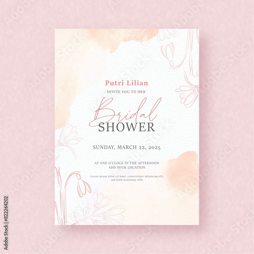 outline of bud florals with watercolor splash on bridal shower invitation background