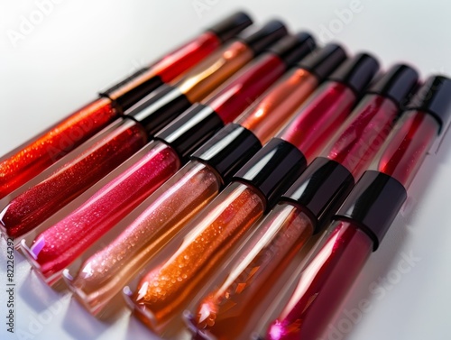 A row of colorful lip gloss tubes with black caps. photo