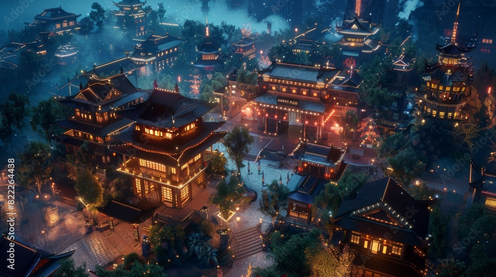 Obraz premium 3d city chopper of chinese temple, in the style of night photography.