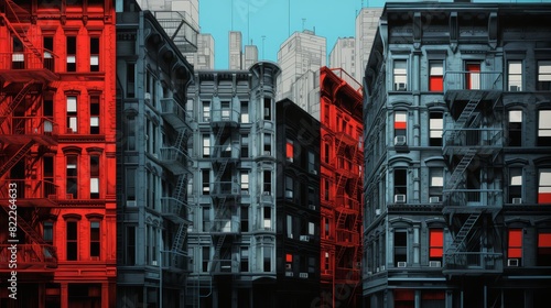 Abstact city buildings of New York in noir comic book art style