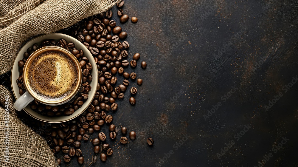 Coffee cup and coffee beans on a rustic background Coffee cup and coffee beans on a rustic background