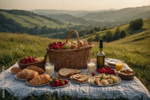 Picnic with Abundance of Food on Top of Lush Green Hill Slope,