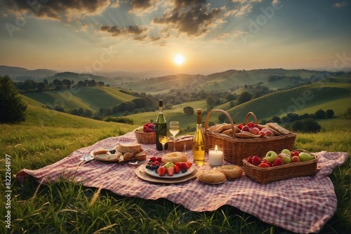 Picnic with Abundance of Food on Top of Lush Green Hill Slope,