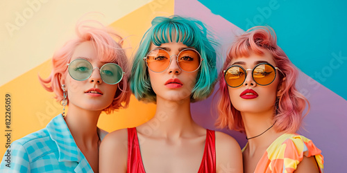 A trio of stylish young women wearing sunglasses with vibrant colorful haircolor. Females models with neon hair pigment fashion against colorful background.