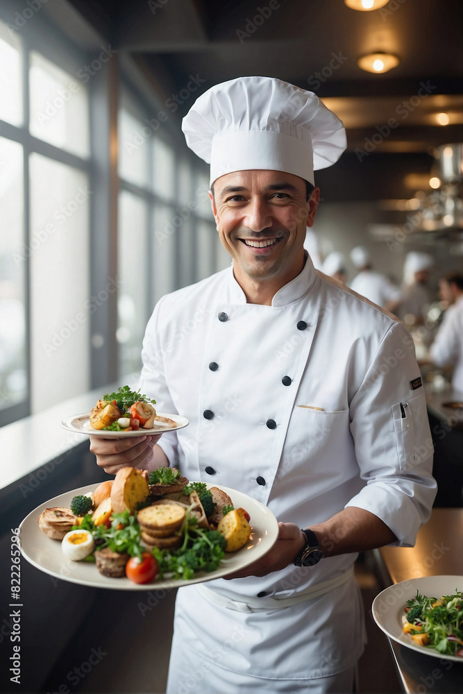 Man in a chef's hat holding a plate of food Man in a chef's hat holding a plate of food