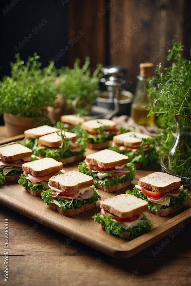 Tray with sandwiches on a wooden table Tray with sandwiches on a wooden table