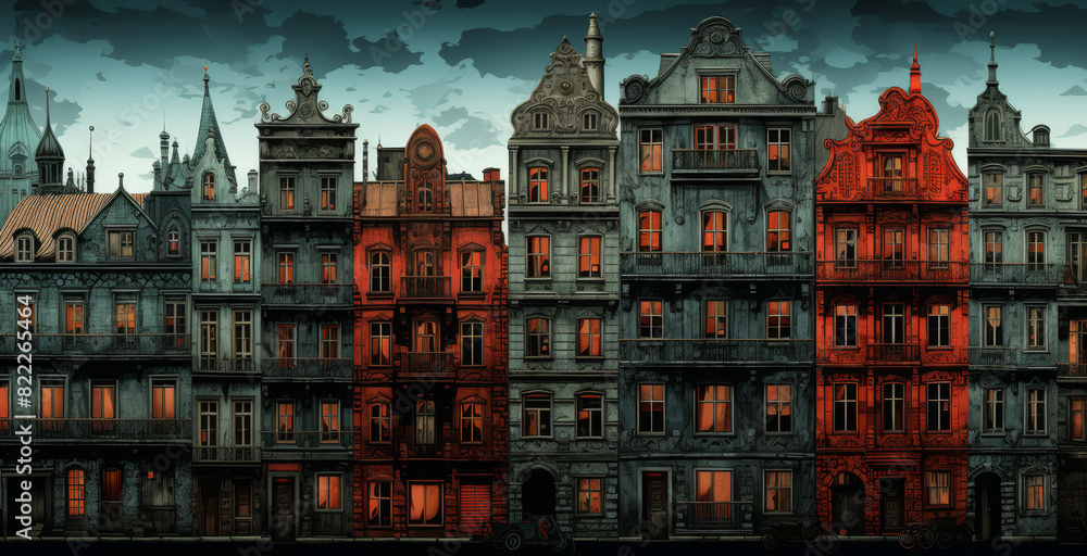 Fototapeta premium Abstact european city buildings in noir comic book art style