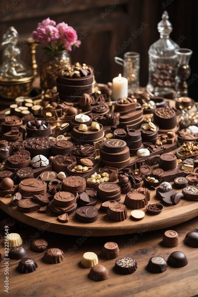 Wooden table covered with assorted chocolates