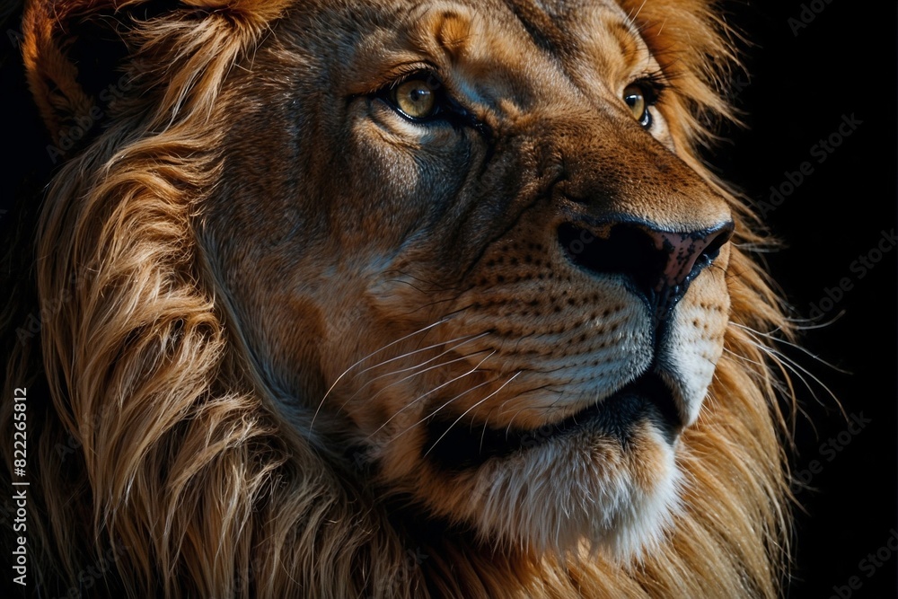 Naklejka premium Close-up of a lion's face on a black background