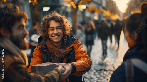 Someone performing random act of kindness helping stranger in need, offering warm smile. Captures compassion, generosity of love in action, spreading warmth, happiness.