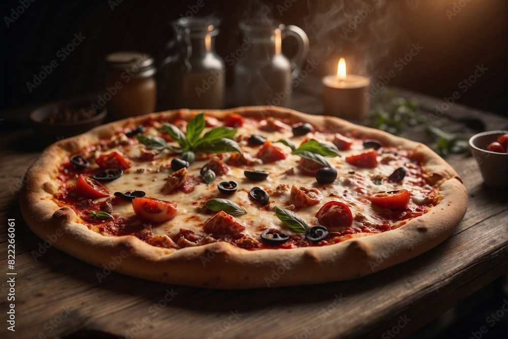 Fragrant pizza on a wooden table