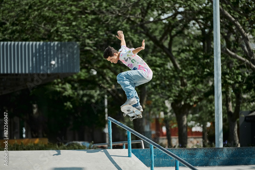 A young skater boy flying through the air while riding a skateboard in a vibrant outdoor skate park on a sunny summer day.