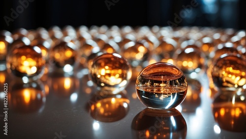 There are three glass balls on a reflective surface. The glass balls are filled with a liquid and have a small bubble inside. There are many other glass balls in the background, all with different col photo