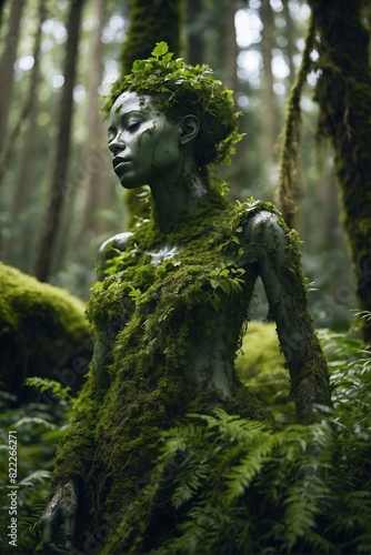 Nature Statue: Female Figure Covered in Moss and Leaves, Symbol of Unity with Nature