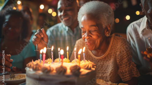 elderly blowing out the candles on their birthday cake surrounded by friends and family. excitement and anticipation fill the air as person makes a wish and everyone cheers in celebration special day