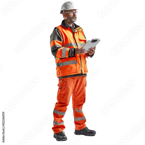 A man in an orange safety vest is holding a clipboard, isolated on transparent background
