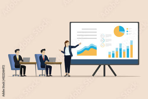 Business team meeting and training collaboration with business people presentation infographic data on projector screen dashboard concept, meeting to lead to business success.