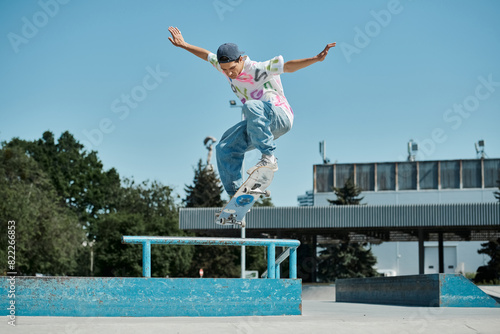 A young skater boy defies gravity while soaring through the air on his skateboard in a sunny outdoor skate park. © LIGHTFIELD STUDIOS