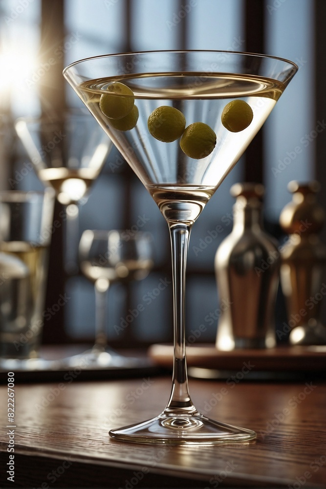 A martini glass standing on a wooden table A martini glass standing on a wooden table