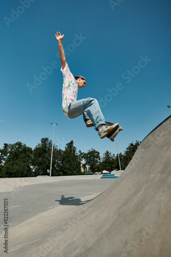 A young skater boy fearlessly rides a skateboard up the side of a ramp at a bustling outdoor skate park on a sunny summer day.