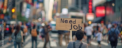 Person Holding Need Job Sign in Busy Urban Environment Highlighting Unemployment and Hardship photo