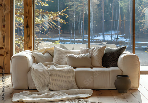 Cozy sofa with pillows and blankets set in a modern cabin with a forest view, creating a warm and inviting atmosphere. Ideal for home decor, interior design inspiration, and lifestyle blogs. © Yuliia