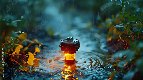Close-up of a garden sprinkler in action  illuminated by warm light during a rainy evening  with water droplets and plants in the background. Ideal for garden care  environmental visuals  and nature p