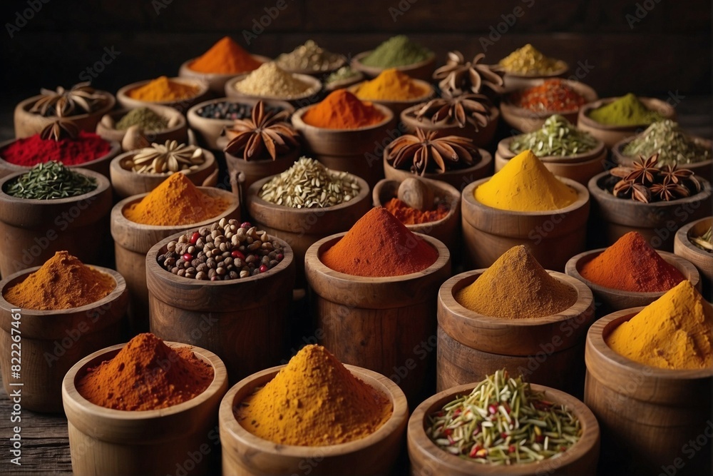Variety of Spices on Wooden Table Variety of Spices on Wooden Table