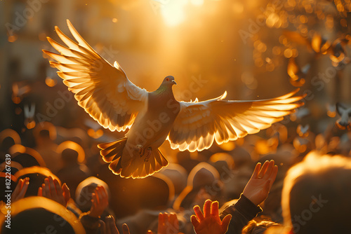 Pigeon in flight with wings outstretched, illuminated by golden sunlight, above a crowd of people. Ideal for freedom concepts, peace themes, and urban life photography. photo