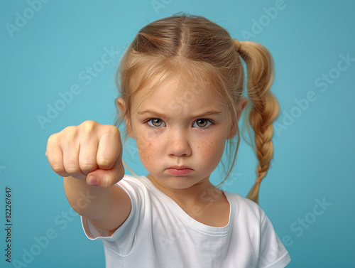 Caucasian girl in a white T-shirt on a blue background shows her fist