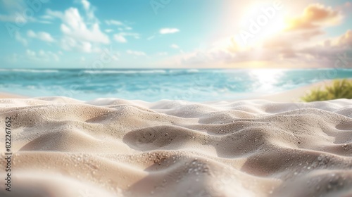 A serene beach with golden sand dunes  blue sky  and a vibrant sunset. Perfect for vacation  relaxation  and nature themes.