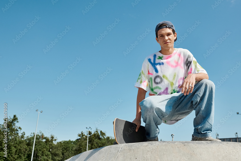A young skater boy confidently sits atop a skateboard ramp outdoors on a sunny summer day. A young skater boy confidently sits atop a skateboard ramp outdoors on a sunny summer day.