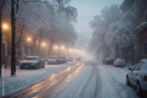Winter Blizzard in the Village. Snowy Street