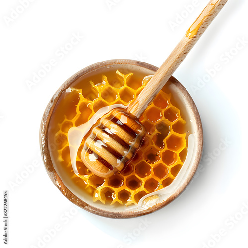 Wooden dipper stick with honey top view isolated on white background